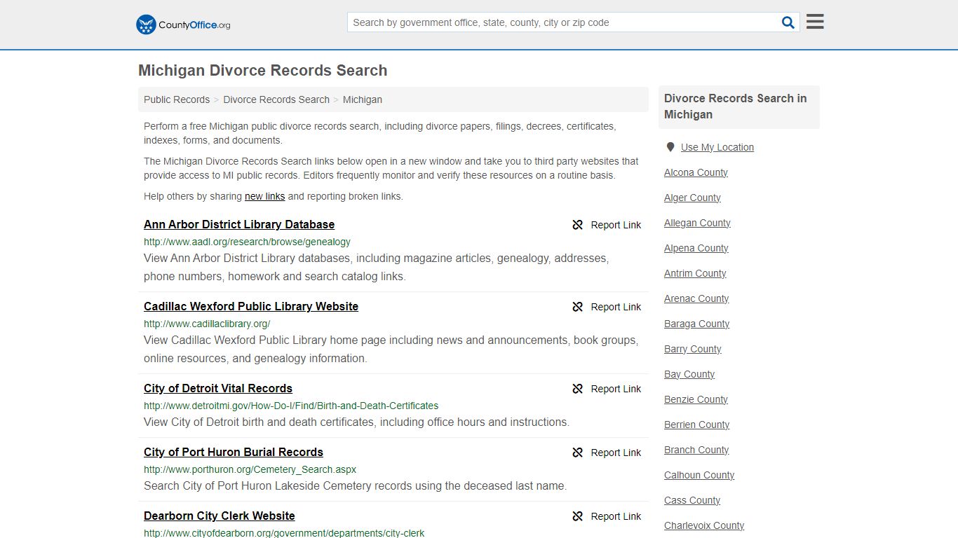 Michigan Divorce Records Search - County Office